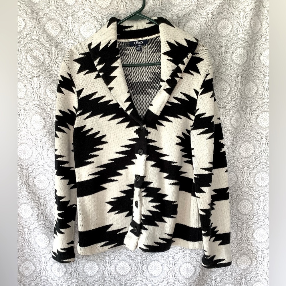 Chaps button up sweater jacket, size XL, Aztec design, black and white